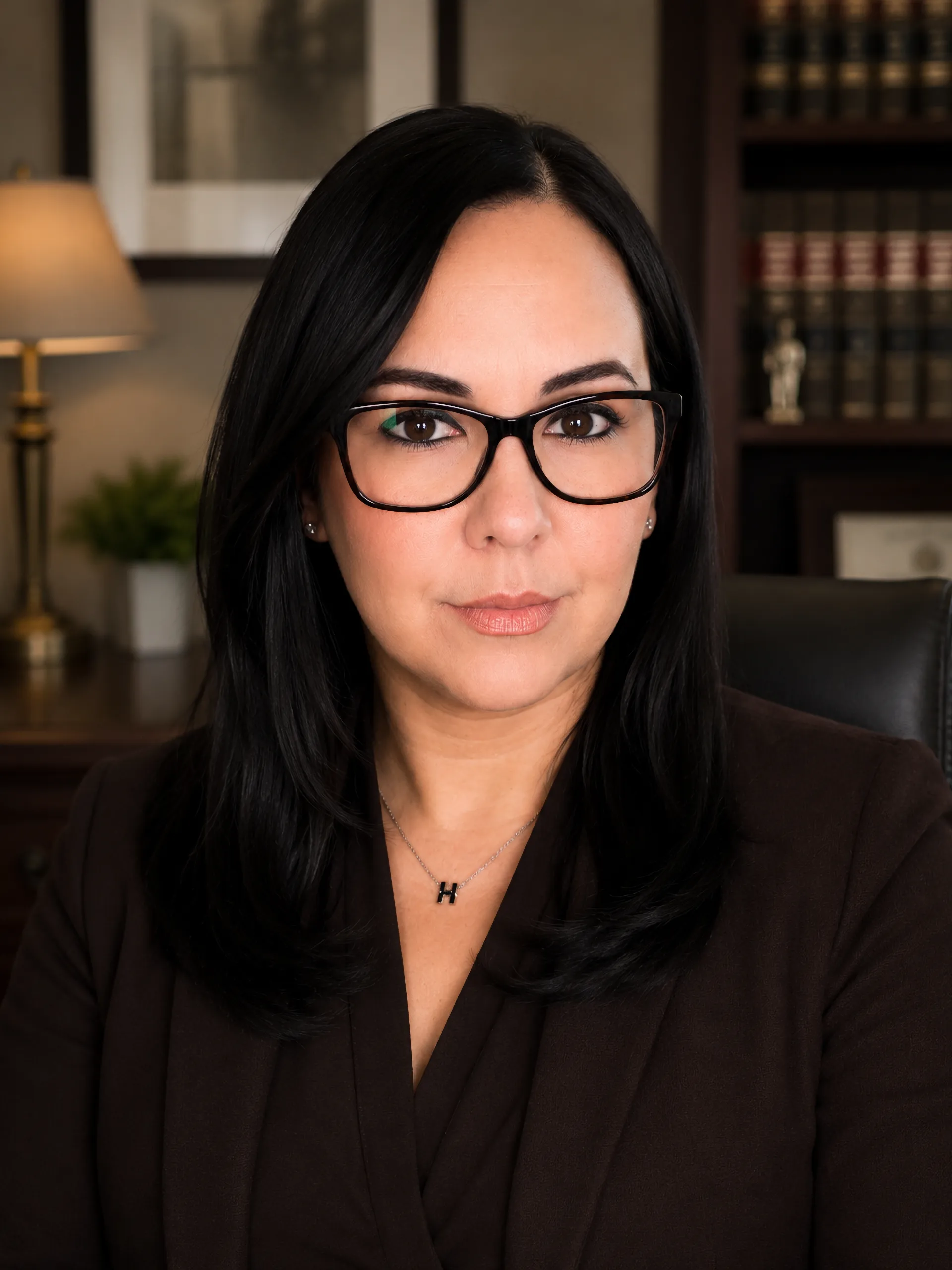 Paralegal Martha Haugen, wearing a dark suit and glasses, is seated in a professional office setting. She has a focused expression, with a bookshelf of law books visible behind her.