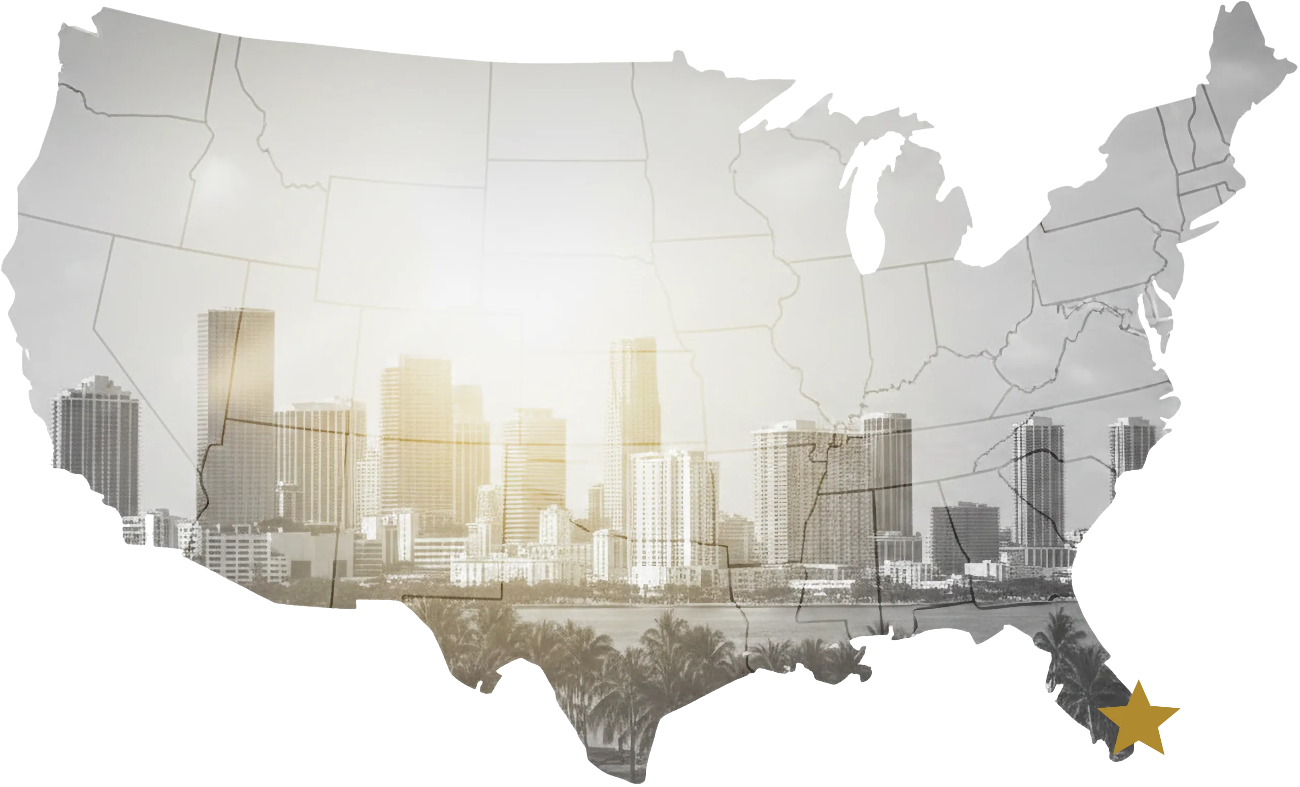 A translucent map of the United States overlaid on a black and white Miami skyline, with a gold star highlighting South Florida.