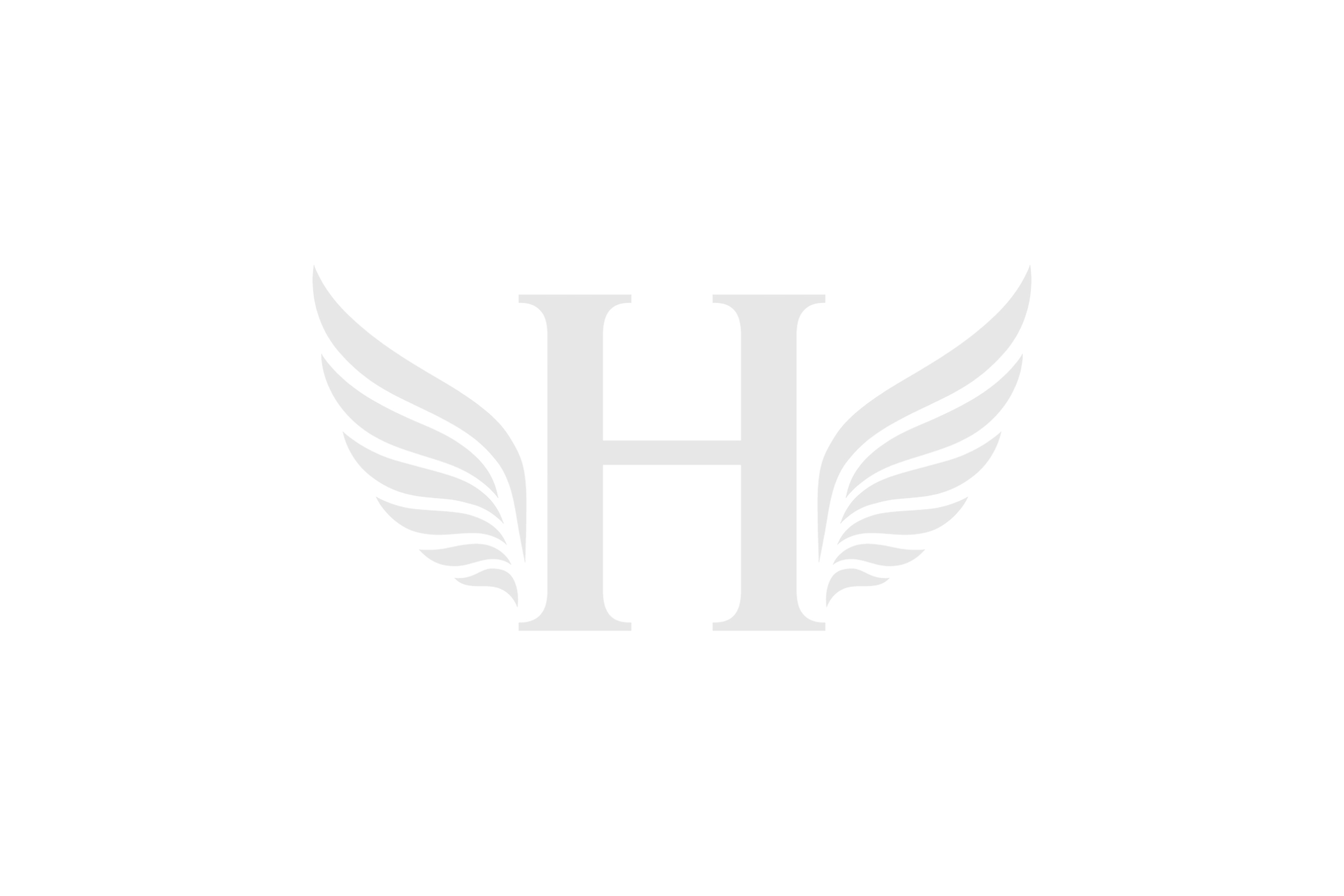 A light gray stylized capital letter H with symmetrical, heraldic wings extending outward on a white background.